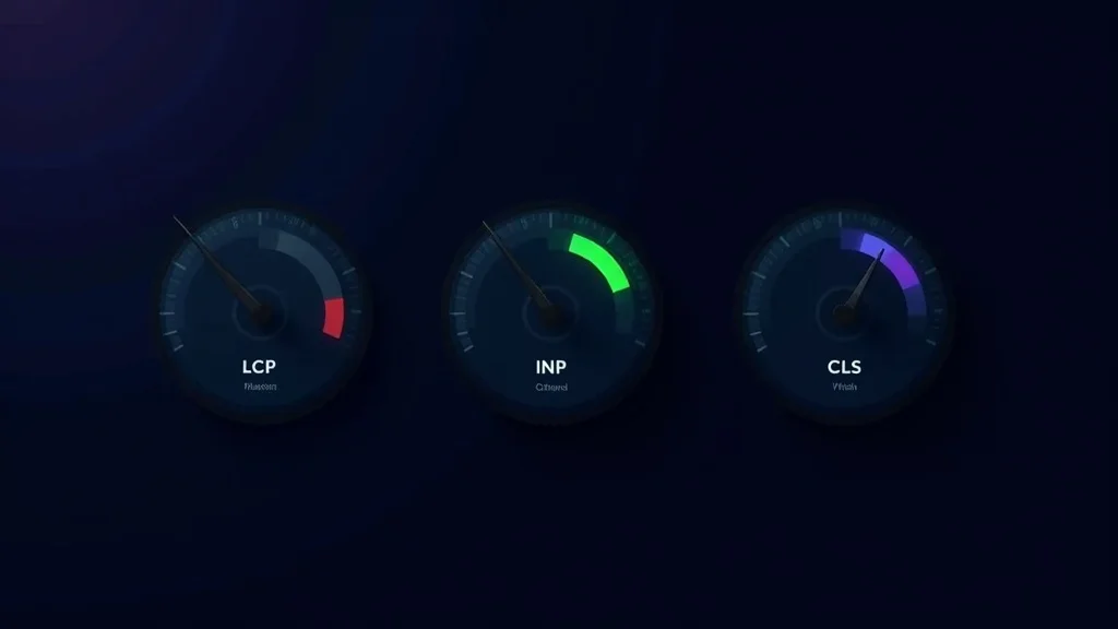 Three Core Web Vitals gauges showing optimal LCP, INP and CLS performance scores
