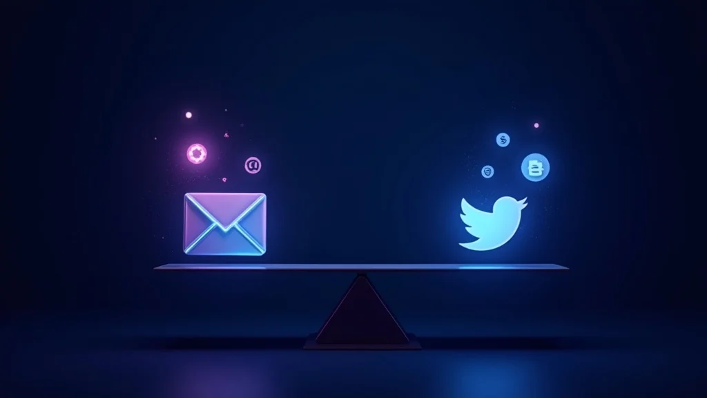 Balance scale comparing email marketing and social media marketing with ROI metrics