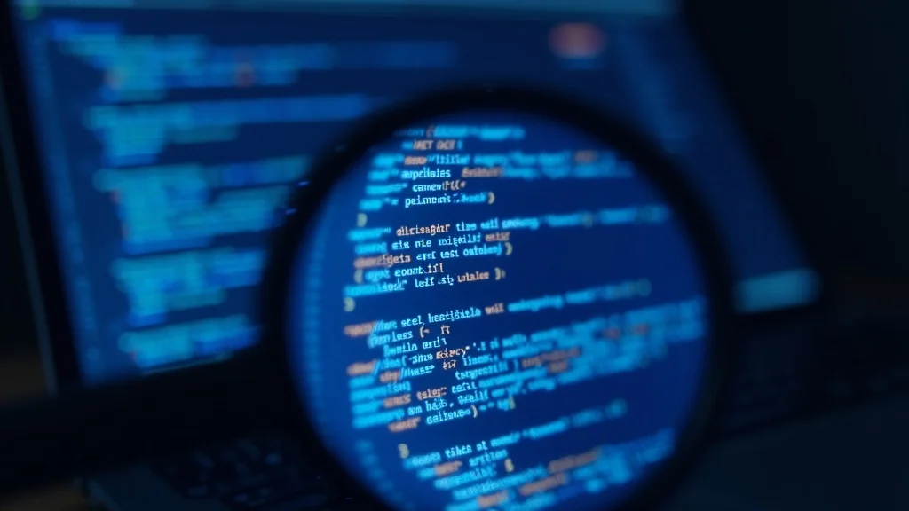 Magnifying glass analyzing web page HTML elements including title tags and meta descriptions for on-page SEO