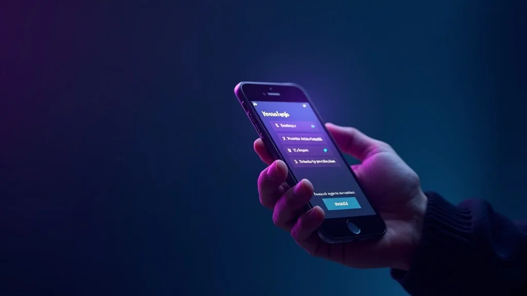 Hand holding a smartphone displaying a progressive web app interface with dark blue and purple background