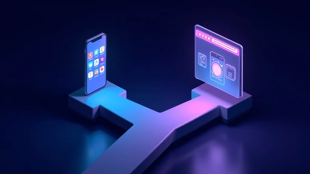 Decision crossroads between native mobile app with app store icons and progressive web app browser interface