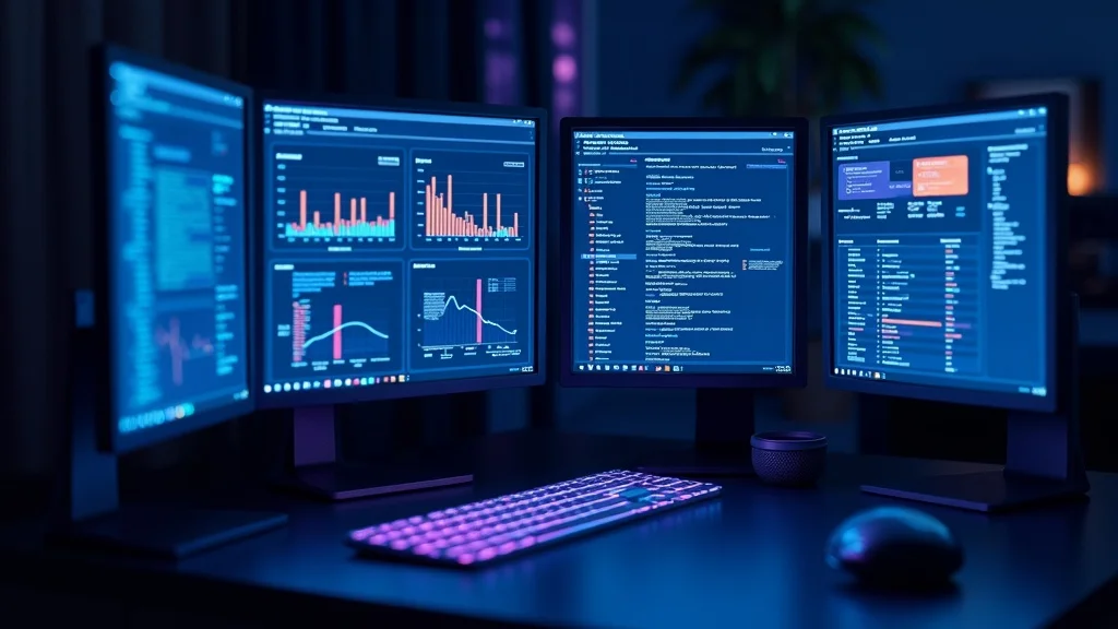 Multiple screens displaying free SEO tool dashboards with Google Search Console and analytics data