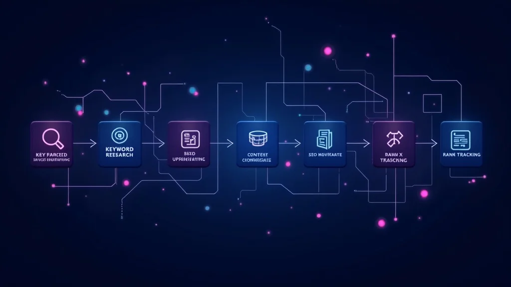 SEO workflow pipeline connecting keyword research, content optimization, and rank tracking tools