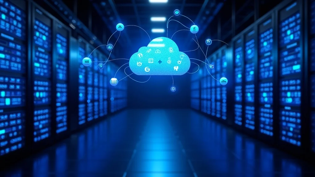 Professional server room with glowing blue rack servers and cloud connectivity for web hosting